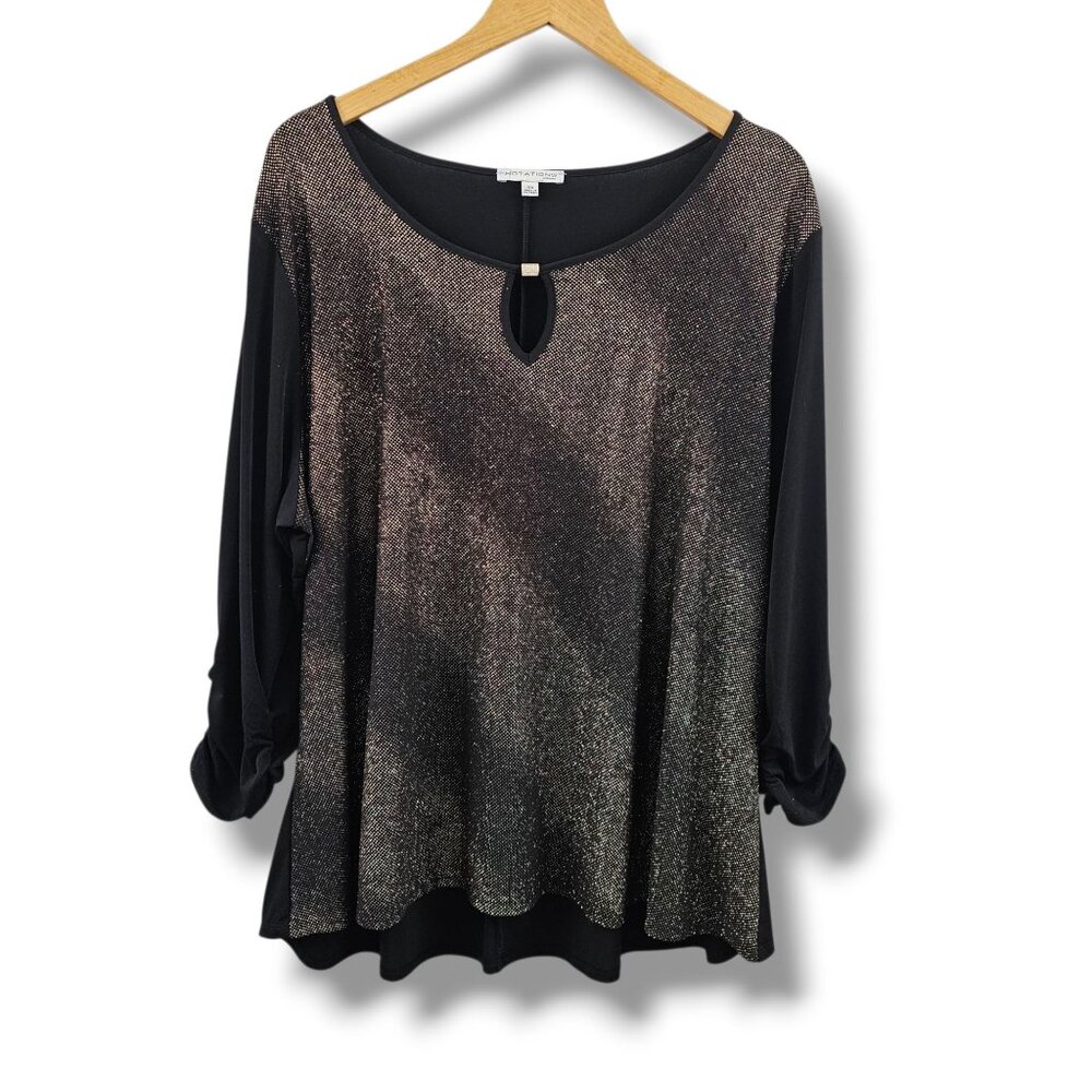 Notations Woman Top‎ 3X Black Gold Sparkle 3/4 Sleeve Keyhole Neck Rhinestone